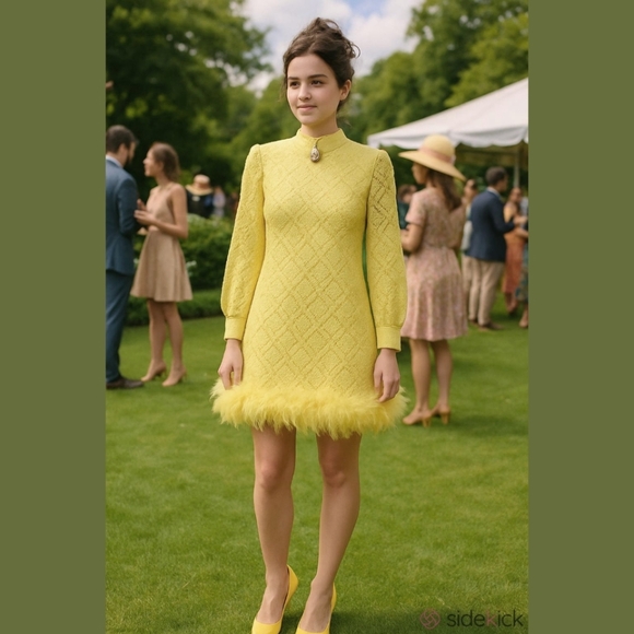 Unique Vintage Dresses & Skirts - Upcycled 1960s Canary Lace Dress with Feather Trim & Vintage Cameo